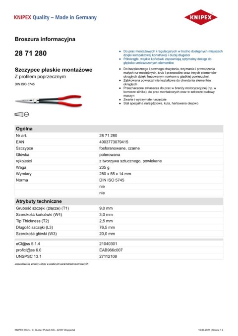 SZCZYPCE PŁASKIE MONTAŻOWE Z PROFILEM POPRZECZNYM WYG.280MM KNIPEX SZCZYPCE PŁASKIE MONTAŻOWE Z PROFILEM POPRZECZNYM WYG.280MM KNIPEX