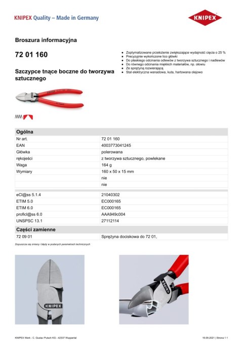 SZCZYPCE TNĄCE BOCZNE DO TWORZYWA SZTUCZNEGO 160MM KNIPEX SZCZYPCE TNĄCE BOCZNE DO TWORZYWA SZTUCZNEGO 160MM KNIPEX