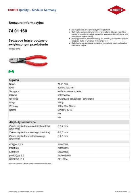 SZCZYPCE TNĄCE BOCZNE O ZWIĘKSZONYM PRZEŁOŻENIU 160MM SZCZYPCE TNĄCE BOCZNE O ZWIĘKSZONYM PRZEŁOŻENIU 160MM
